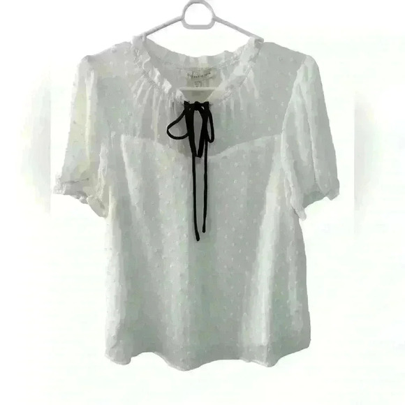 NWT Monteau Los Angeles Keyhole Tie Short Sleeve Swiss Dot Blouse Top. Size M - Picture 3 of 8